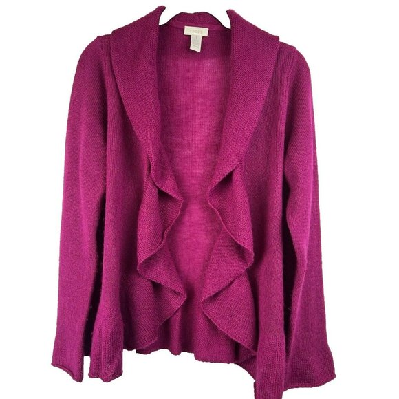 Chicos Sweater Womens Size Medium Cardigan Ruffle Wool Blend Cranberry Waterfall - Picture 1 of 5